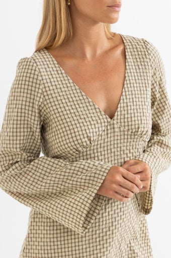 Rhythm : Luca Long Sleeve Check Mini Dress (Natural) | Howl Mercantile &  Coffee